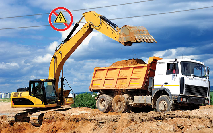 Excavator loading dumper truck with unsafe wires above